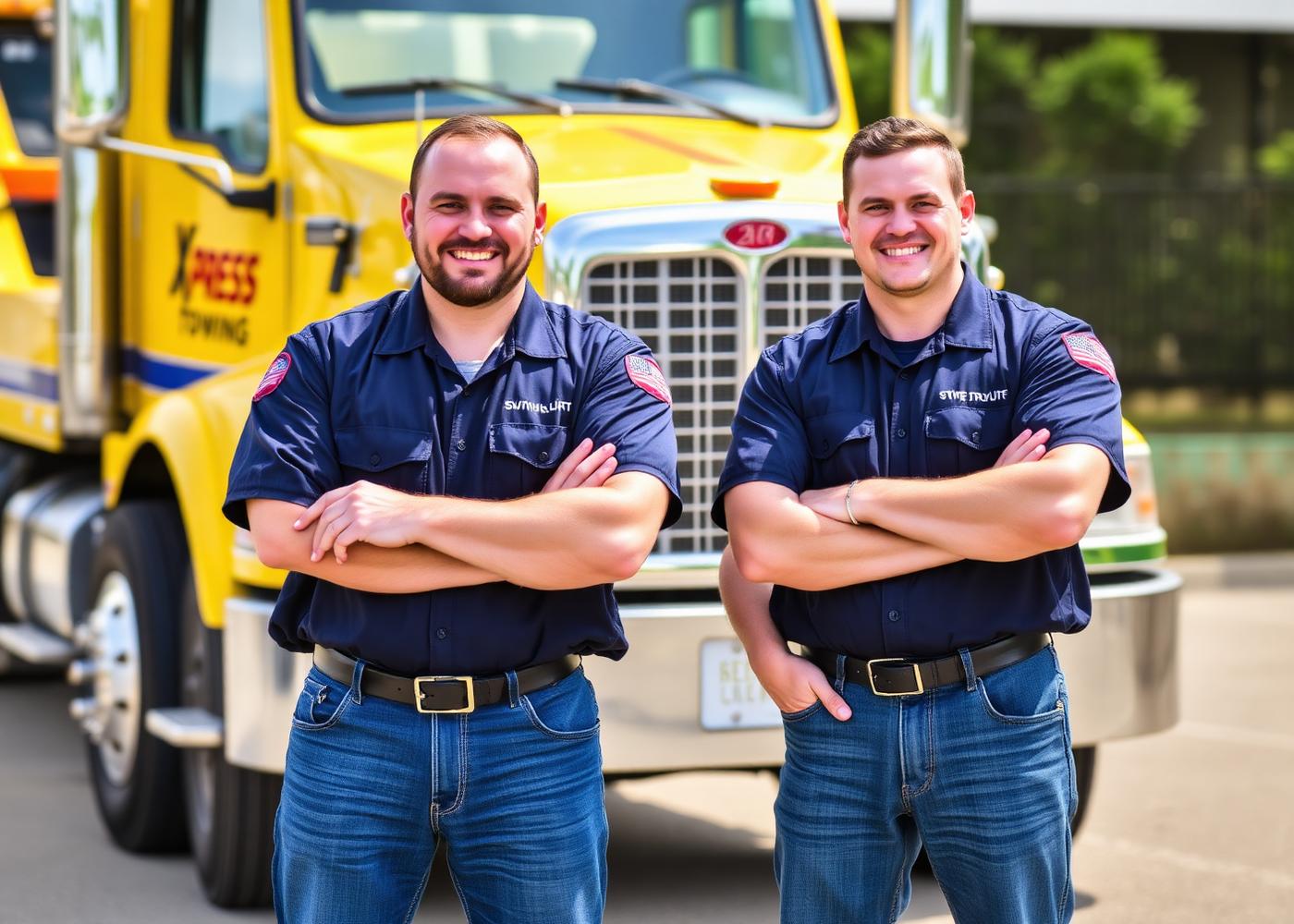 Xpress Towing drivers in front of a tow truck